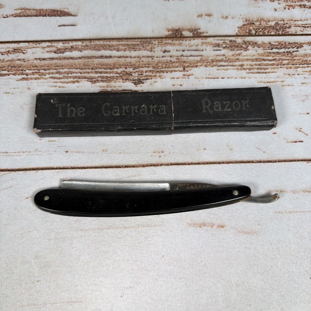 Vintage Carrara No. 883 Straight Razor Black Celluloid Handle Case Italy Barber
